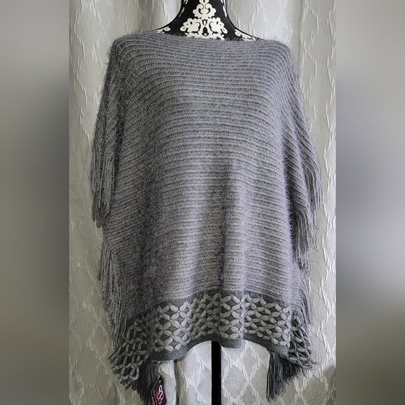 Gray Poncho with Fringe Sides - Picture 1 of 7
